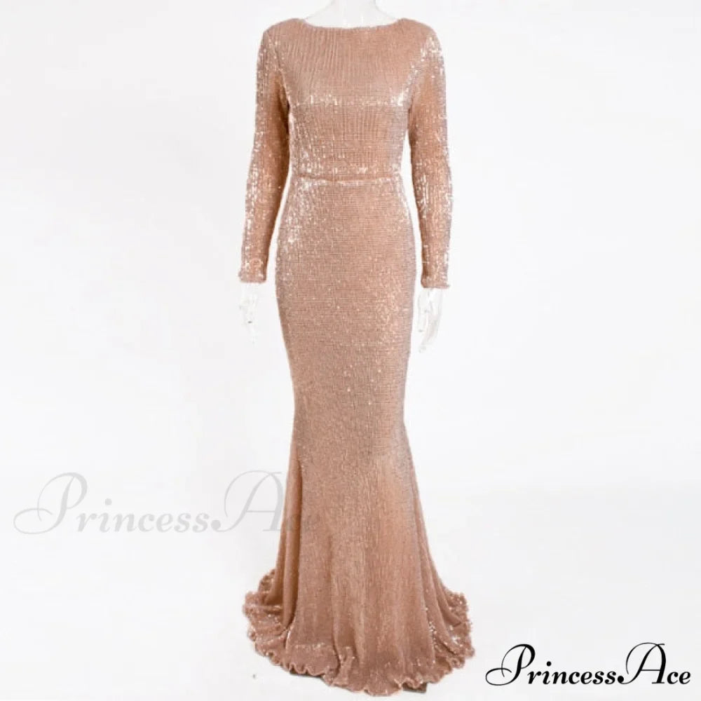 Elegant O Neck Long Sleeve Sequin Maxi Dress