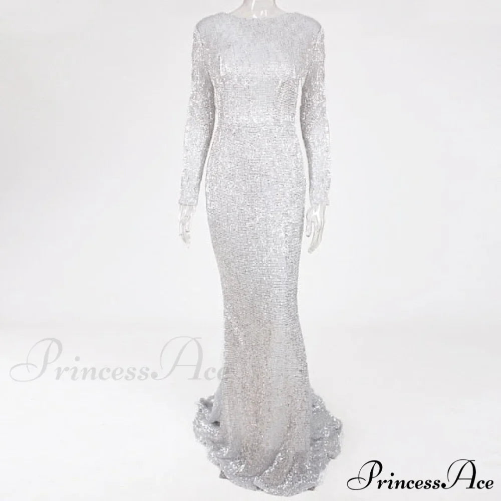 Elegant O Neck Long Sleeve Sequin Maxi Dress