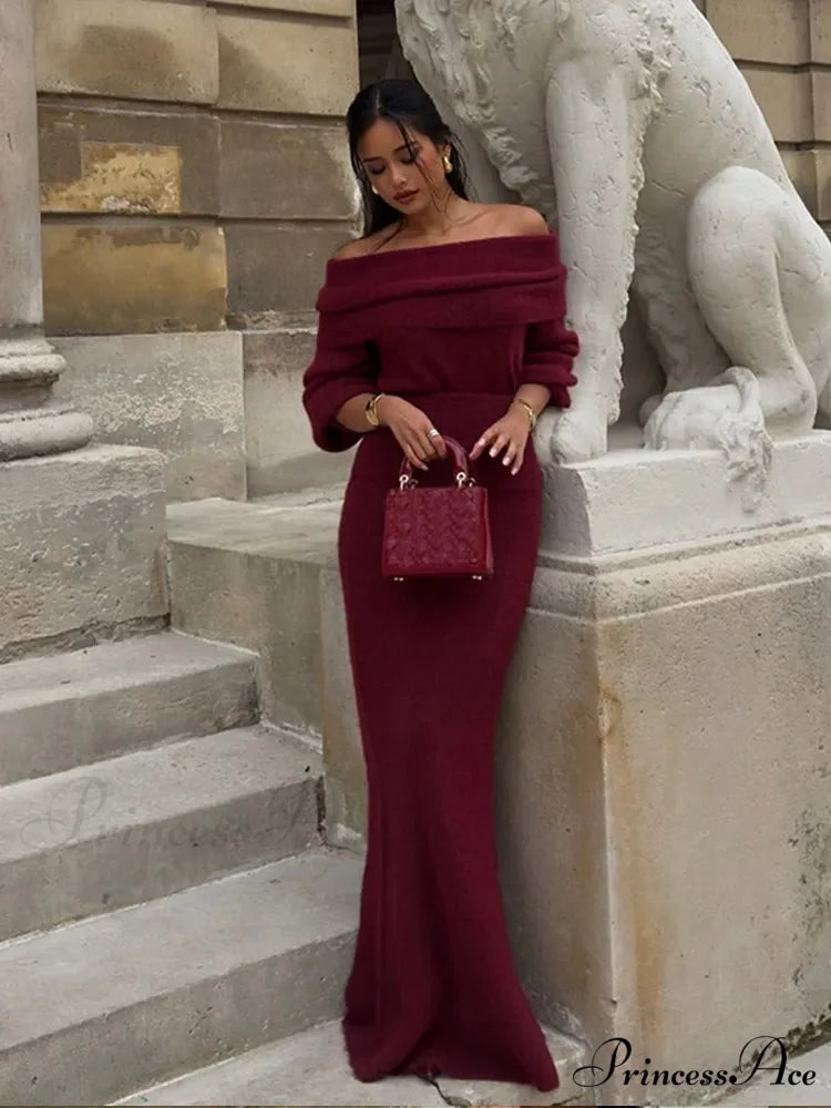 Elegant Off Shoulder Fold Knit Long Sleeve Tight Red Christmas Party Dress