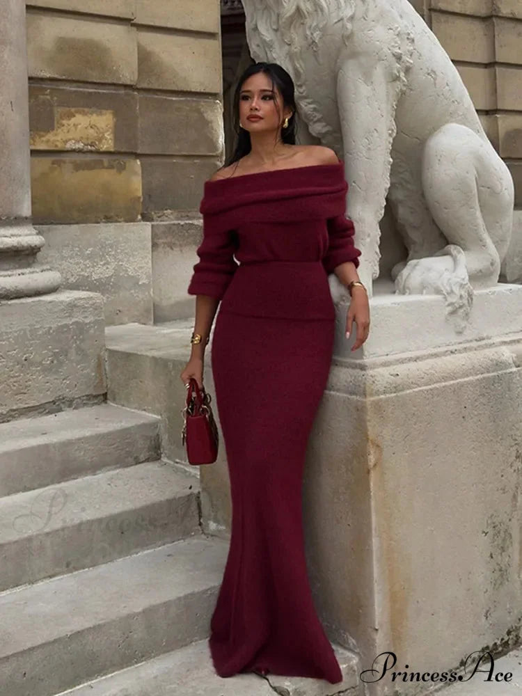 Elegant Off Shoulder Fold Knit Long Sleeve Tight Red Christmas Party Dress