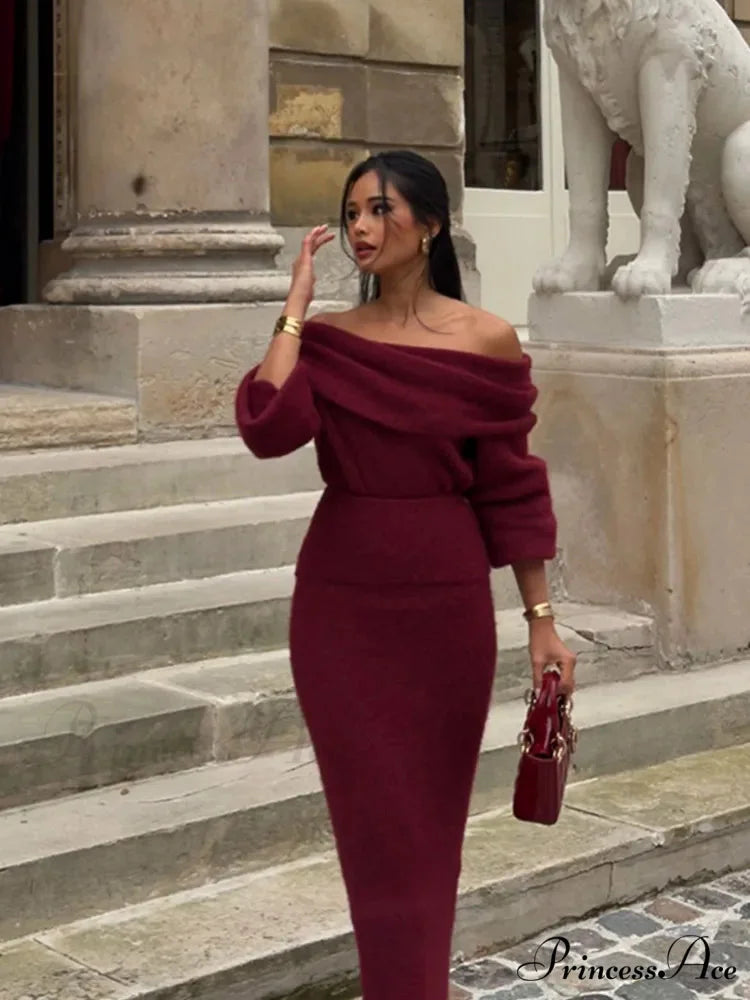 Elegant Off Shoulder Fold Knit Long Sleeve Tight Red Christmas Party Dress