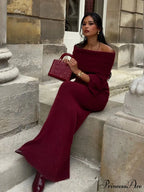 Elegant Off Shoulder Fold Knit Long Sleeve Tight Red Christmas Party Dress