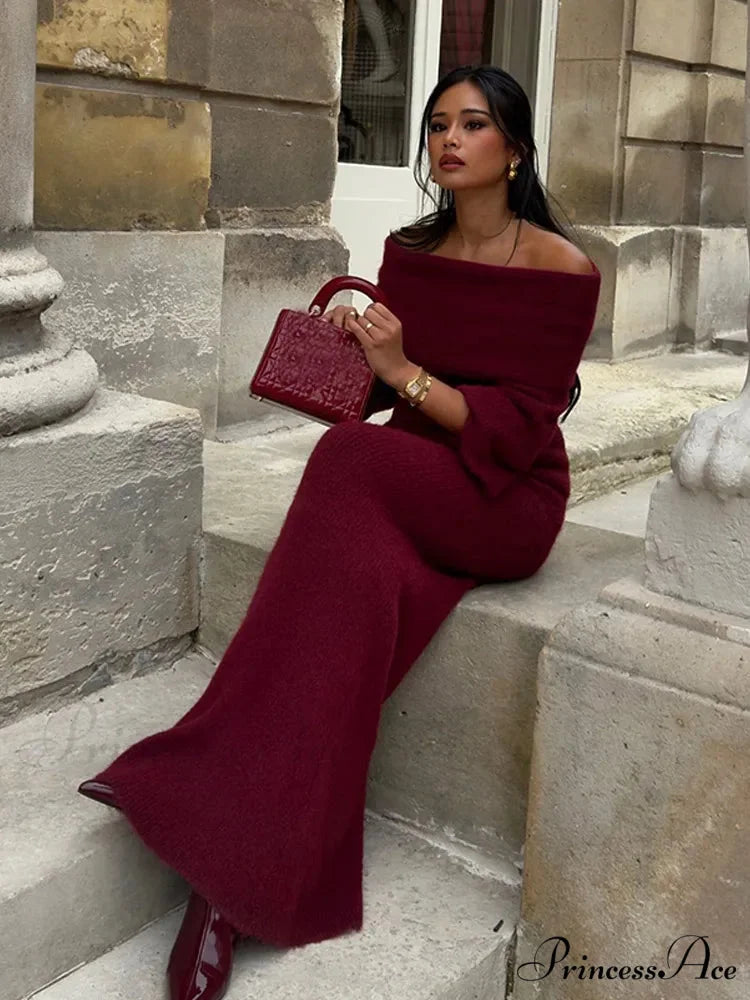 Elegant Off Shoulder Fold Knit Long Sleeve Tight Red Christmas Party Dress