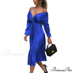 Elegant Off Shoulder V Neck Satin Pleated Midi Dress