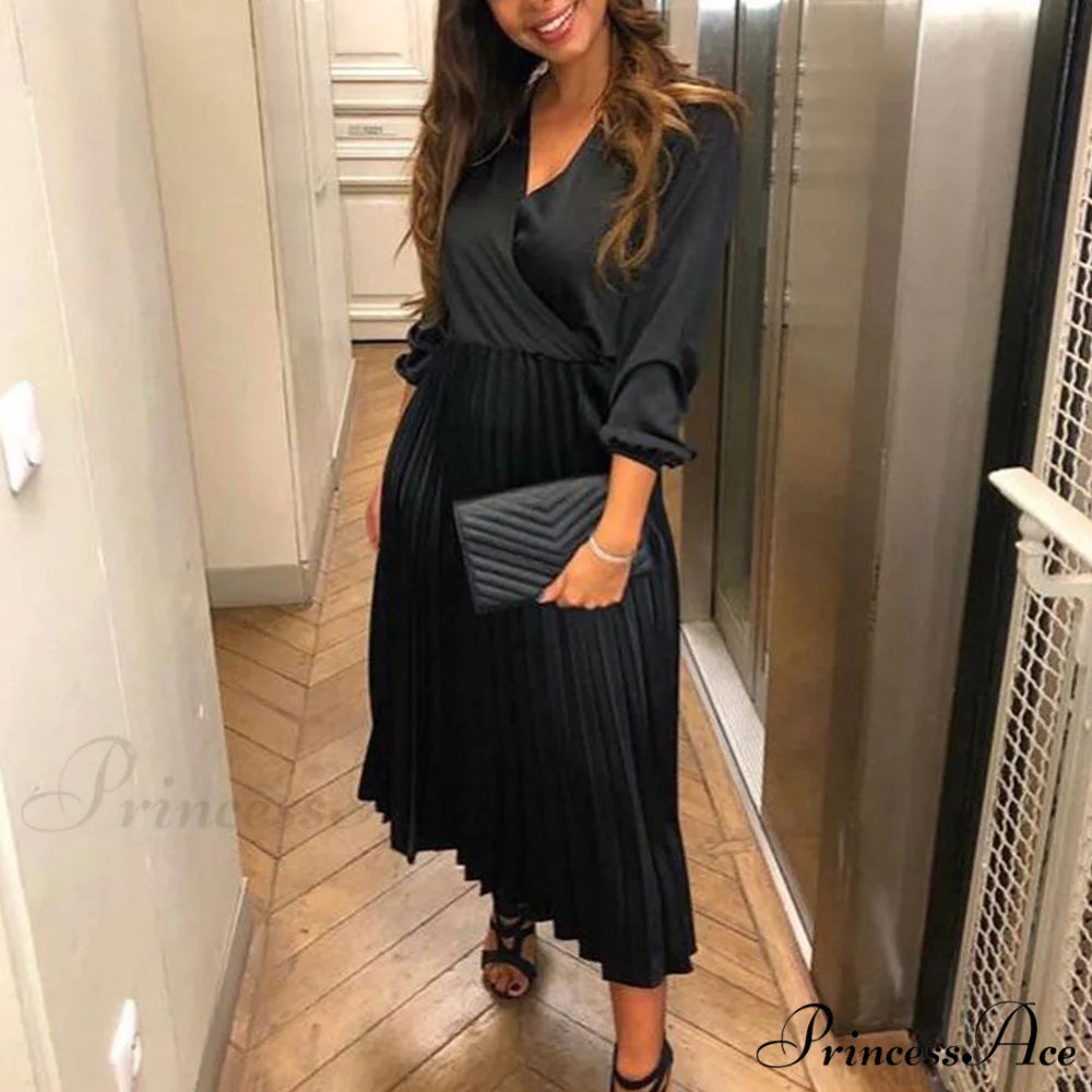 Elegant Off Shoulder V Neck Satin Pleated Midi Dress