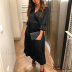 Elegant Off Shoulder V Neck Satin Pleated Midi Dress