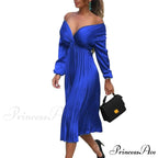 Elegant Off Shoulder V Neck Satin Pleated Midi Dress