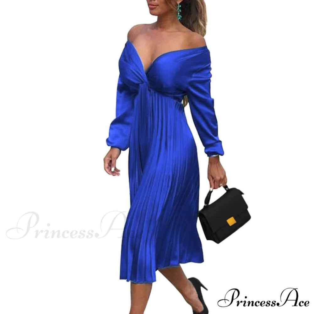 Elegant Off Shoulder V Neck Satin Pleated Midi Dress