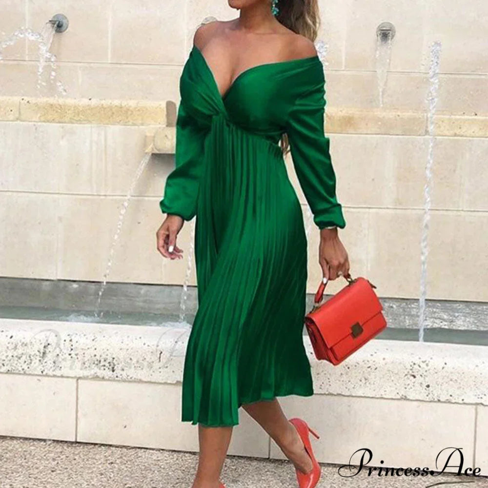 Elegant Off Shoulder V Neck Satin Pleated Midi Dress
