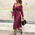 Elegant Off Shoulder V Neck Satin Pleated Midi Dress