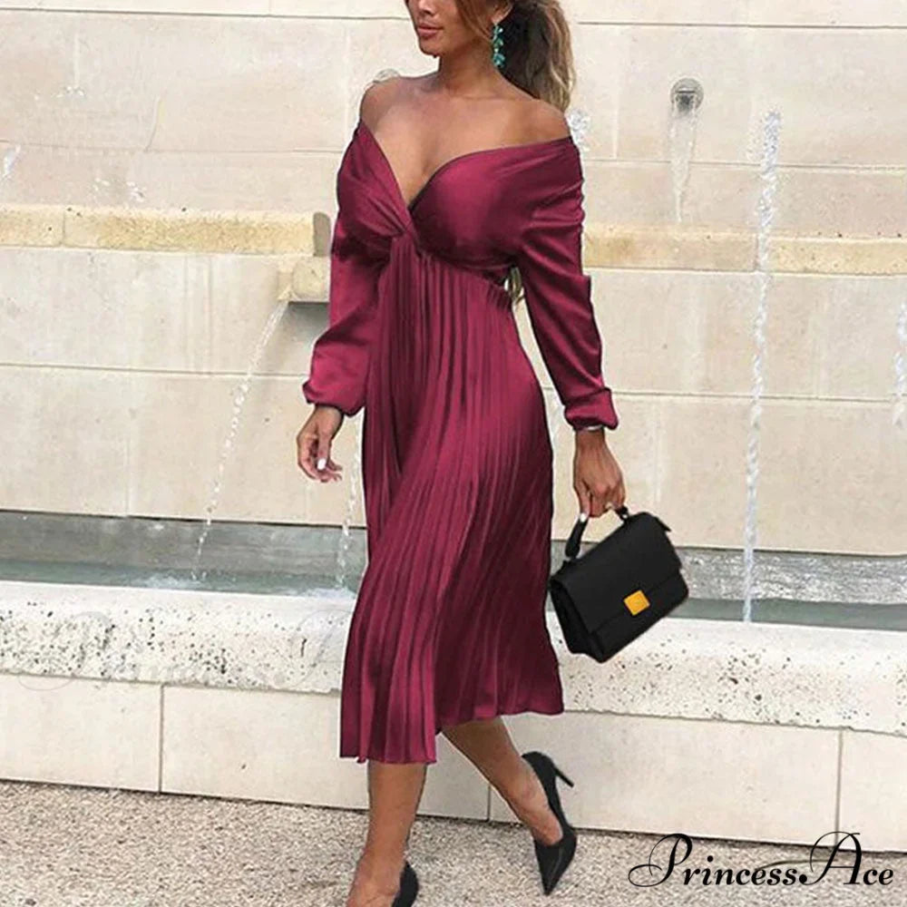 Elegant Off Shoulder V Neck Satin Pleated Midi Dress