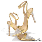 Elegant Party Sandals Wedding Banquet Shoes Crystal Rhinestones Pointed-Toe Stripper High-Heels Gold High Heel