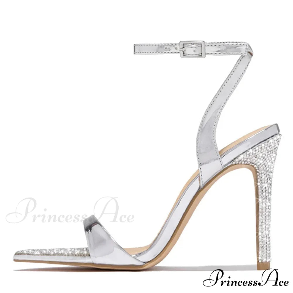 Elegant Party Sandals Wedding Banquet Shoes Crystal Rhinestones Pointed-Toe Stripper High-Heels Gold High Heel