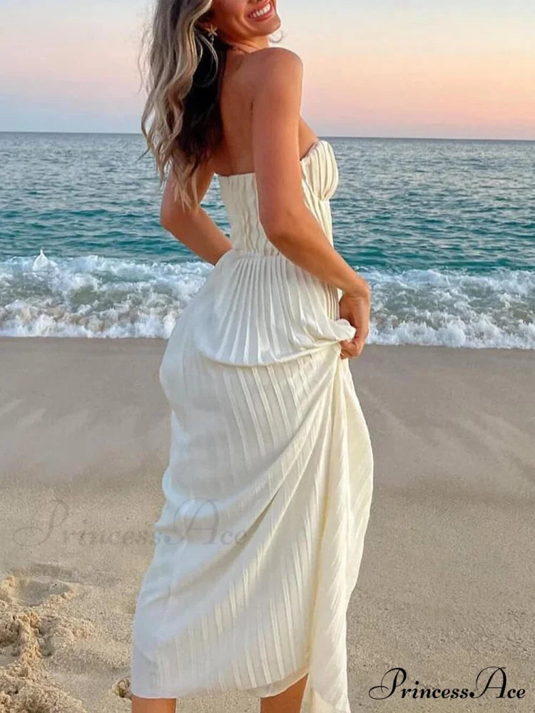 Elegant Pleated Stylish Strapless Maxi Dress