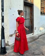 Elegant Red IrRegular Pleated Wrap Waisted Chic Slim Maxi Christmas Party Dress