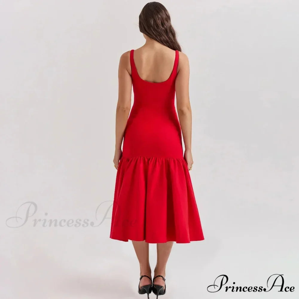 Elegant Red Spaghetti Strap Midi Holiday Dress Casual Birthday Party Dresses Christmas Party Dress