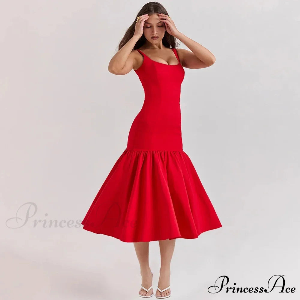 Elegant Red Spaghetti Strap Midi Holiday Dress Casual Birthday Party Dresses Christmas Party Dress