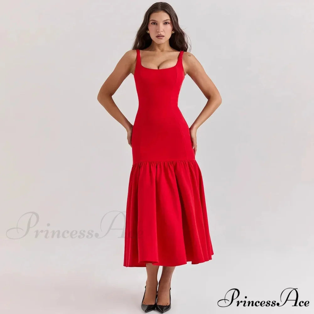 Elegant Red Spaghetti Strap Midi Holiday Dress Casual Birthday Party Dresses Christmas Party Dress
