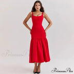 Elegant Red Spaghetti Strap Midi Holiday Dress Casual Birthday Party Dresses Christmas Party Dress