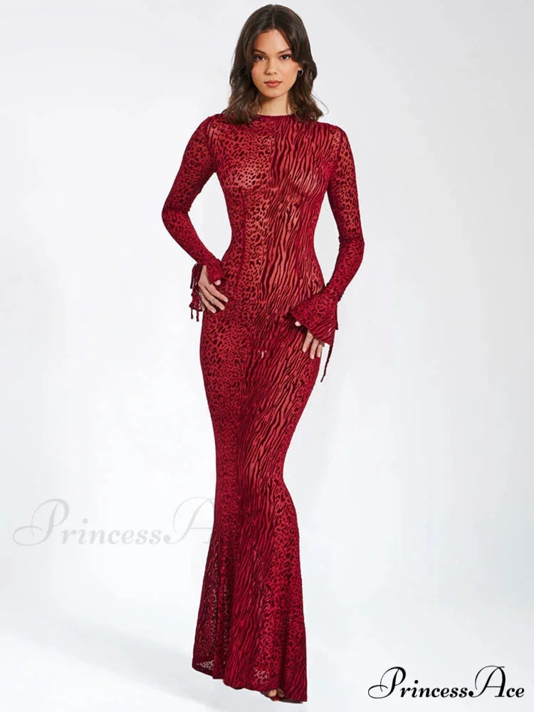 Elegant Red Striped Print Sexy Long Flare Christmas Party Dress