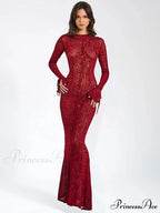 Elegant Red Striped Print Sexy Long Flare Christmas Party Dress