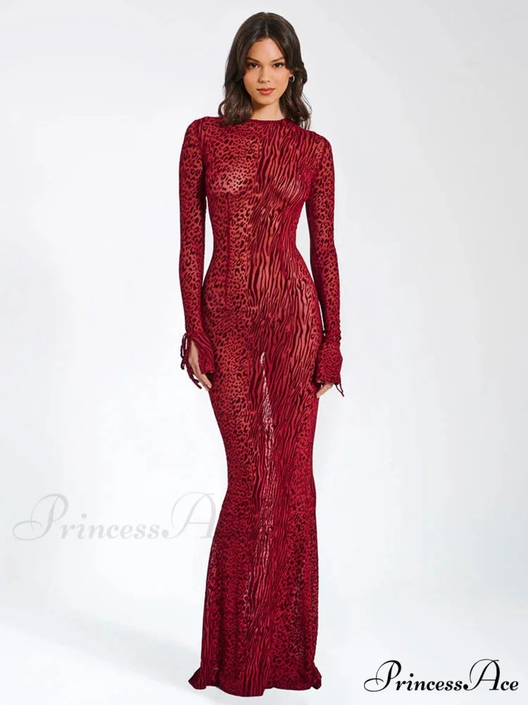 Elegant Red Striped Print Sexy Long Flare Christmas Party Dress