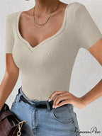 Elegant Ribbed V-neck Solid Color Slim Fit Short Sleeve T-Shirts