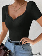 Elegant Ribbed V-neck Solid Color Slim Fit Short Sleeve T-Shirts