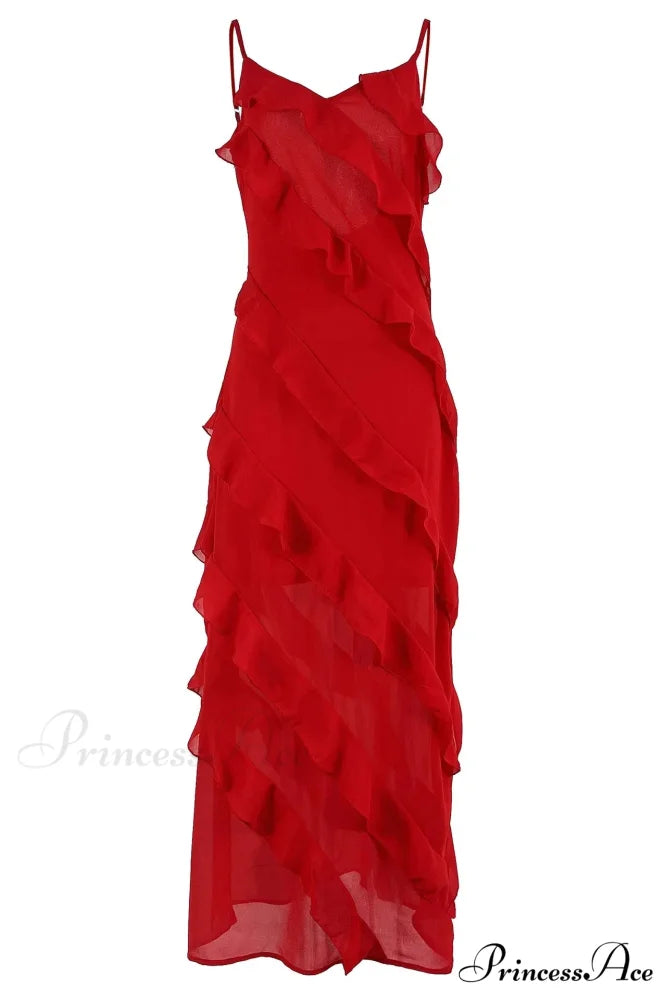 Elegant Ruffles Chiffon Backless Split Maxi Red Christmas Party Dress