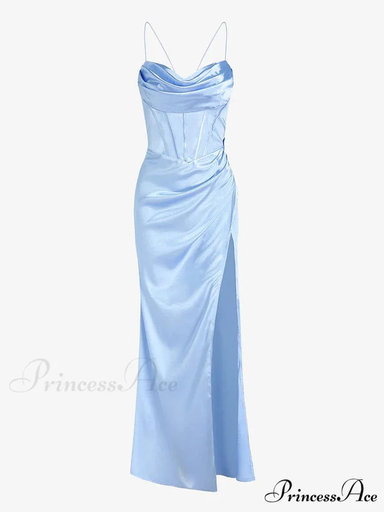 Elegant Satin Cowl Front Lace Up Corset Red Christmas Party Dress