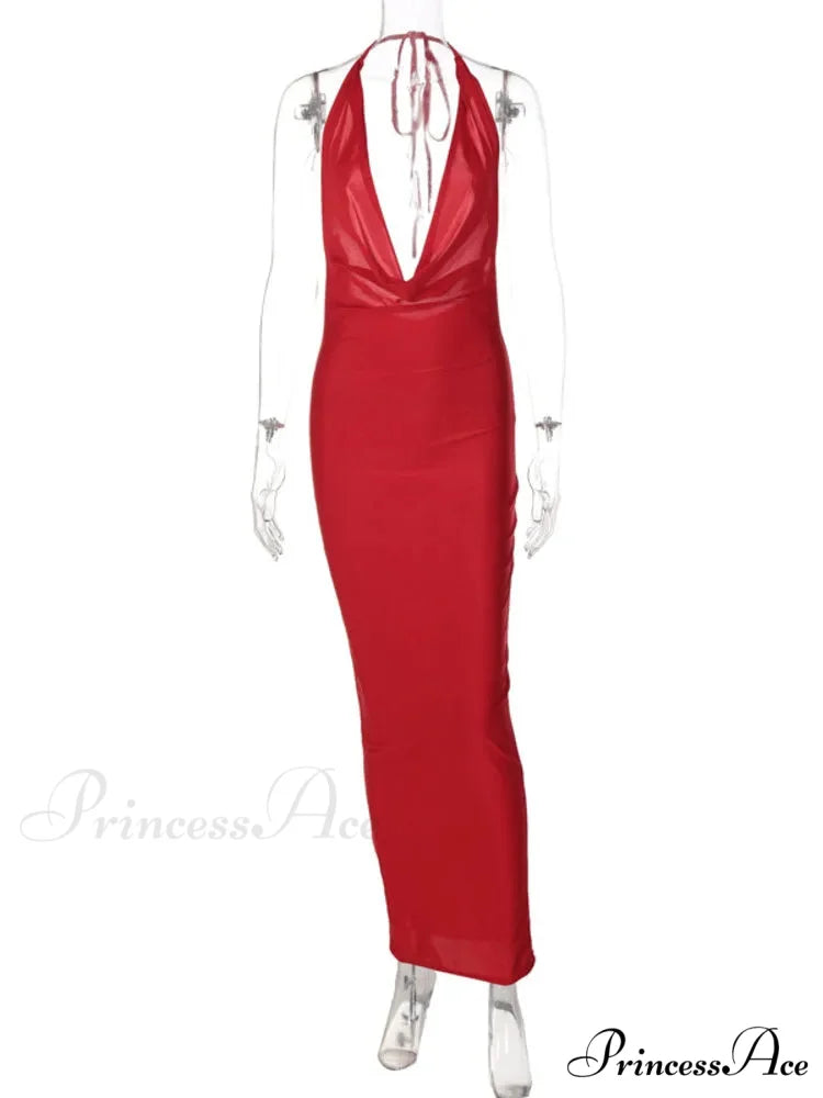 Elegant Satin Deep V Neck Sleeveless Maxi Christmas Party Dress