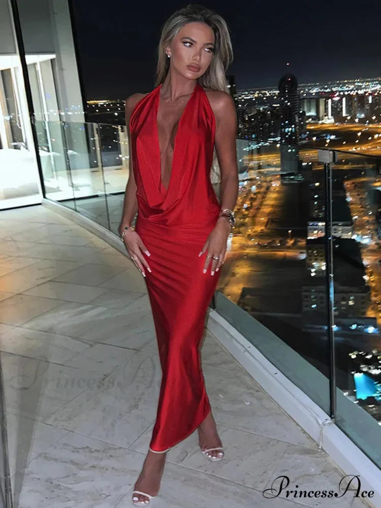 Elegant Satin Deep V Neck Sleeveless Maxi Christmas Party Dress
