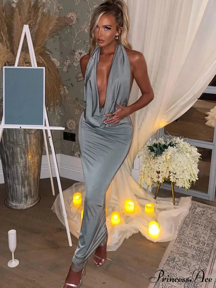 Elegant Satin Deep V Neck Sleeveless Maxi Christmas Party Dress