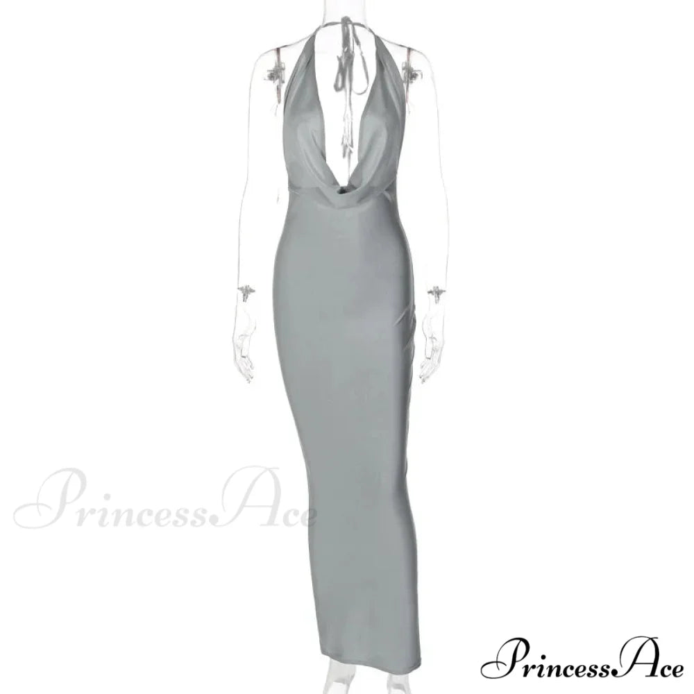 Elegant Satin Deep V Neck Sleeveless Maxi Christmas Party Dress