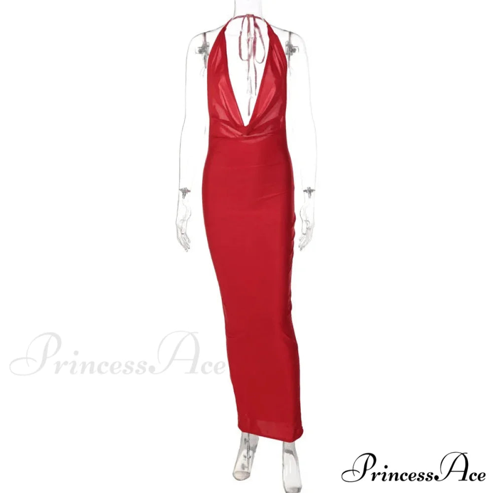 Elegant Satin Deep V Neck Sleeveless Maxi Christmas Party Dress