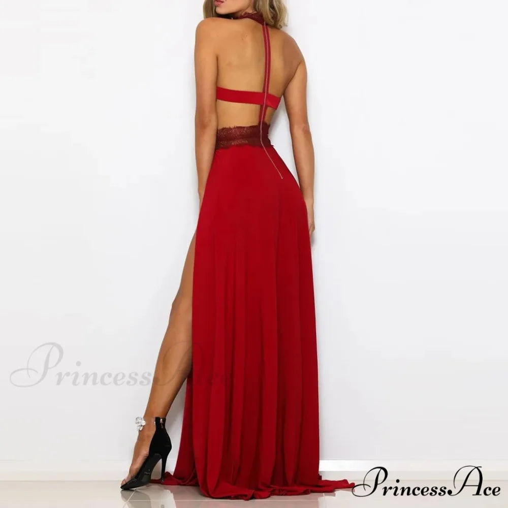 Elegant See Through High Split Backless Lace Red Christmas Party Dress