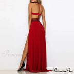 Elegant See Through High Split Backless Lace Red Christmas Party Dress