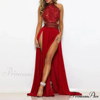 Elegant See Through High Split Backless Lace Red Christmas Party Dress