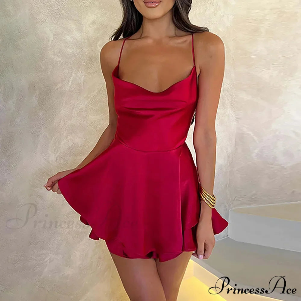 Elegant Sexy Backless Ruffled Halter Red Skirt Summer Evening Party Dresses Christmas Party Dress