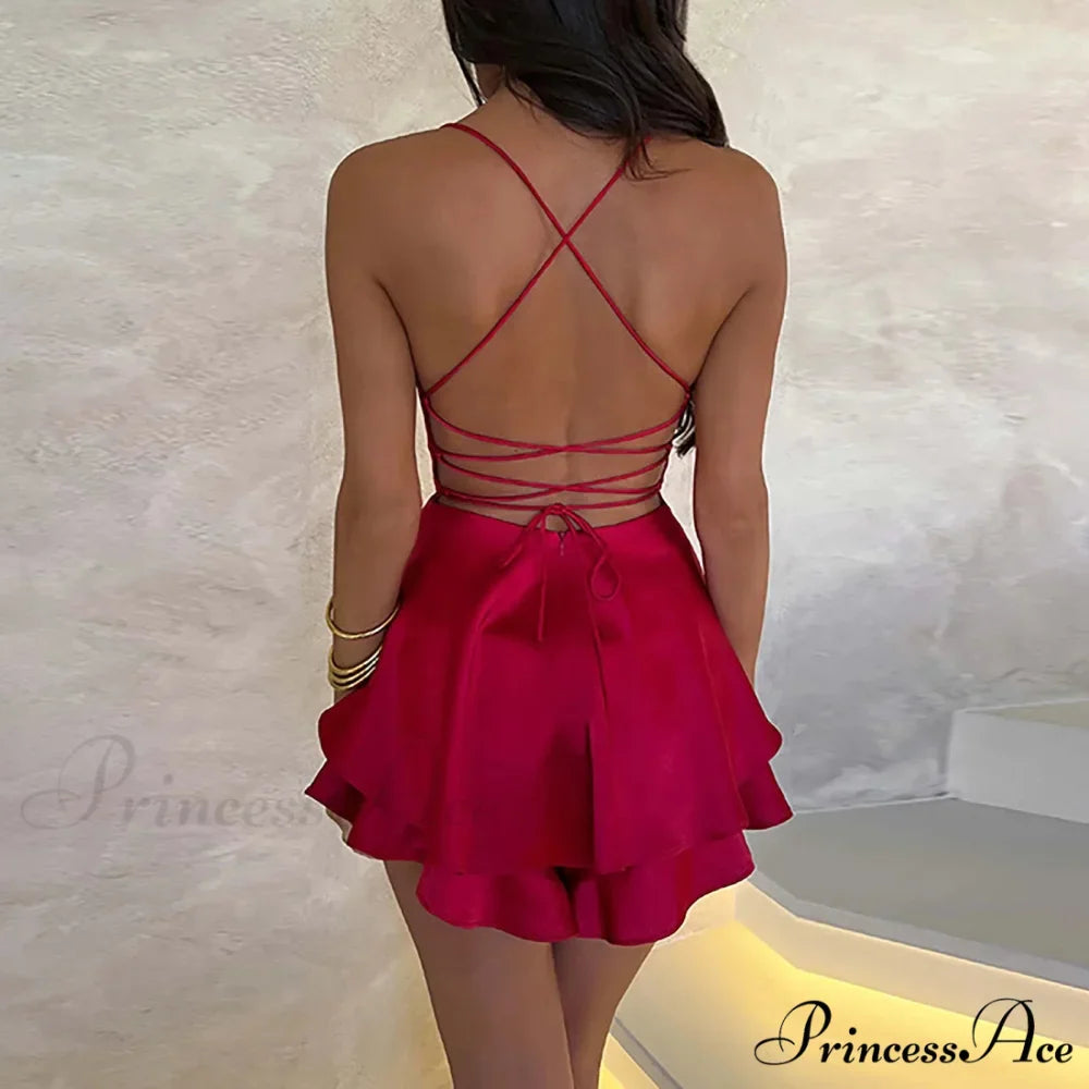 Elegant Sexy Backless Ruffled Halter Red Skirt Summer Evening Party Dresses Christmas Party Dress