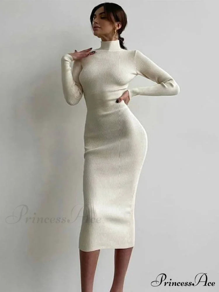 Elegant Solid Bodycon Long Sleeve Sweater Dress