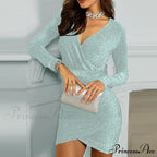 Elegant Solid V Neck Slim Fit Party Bodycon Mini Dress