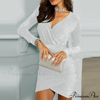 Elegant Solid V Neck Slim Fit Party Bodycon Mini Dress