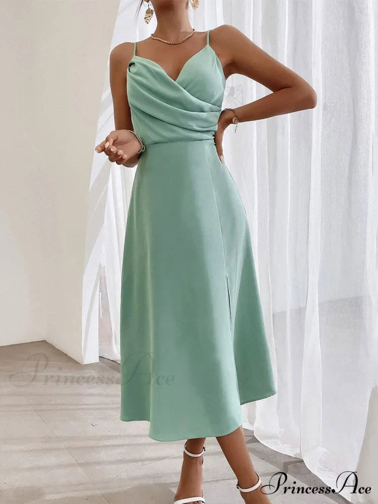 Elegant Spaghetti Strap Charming Pleated Leg Slit Dress