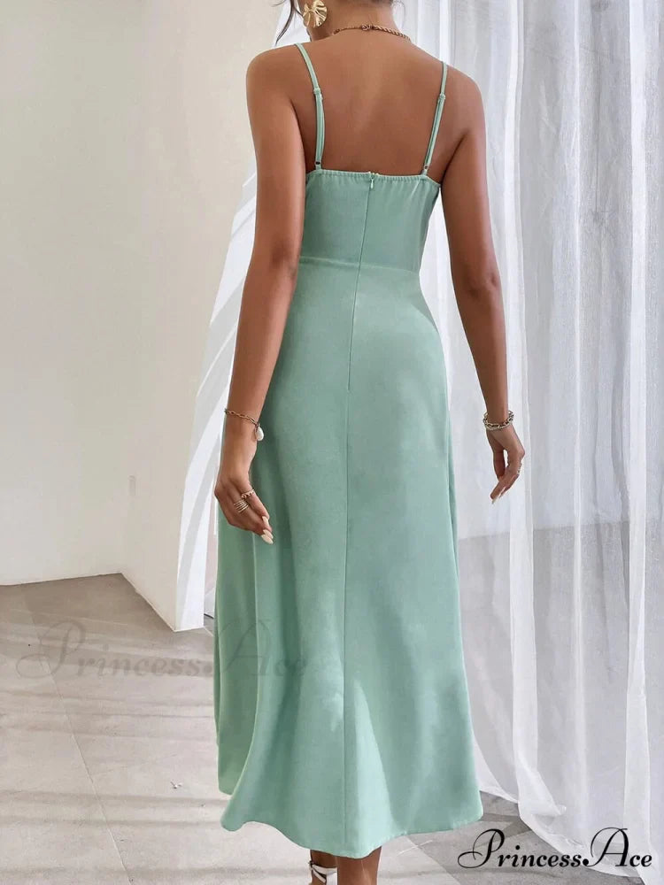 Elegant Spaghetti Strap Charming Pleated Leg Slit Dress