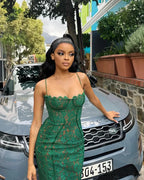 Elegant Spaghetti Strap V Neck Lace Formal Occasion Dress for Christmas Party