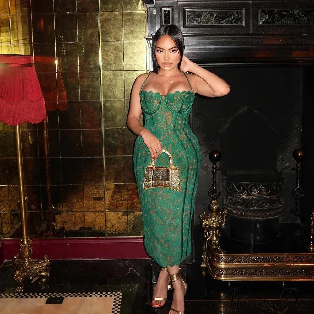 Elegant Spaghetti Strap V Neck Lace Formal Occasion Dress for Christmas Party