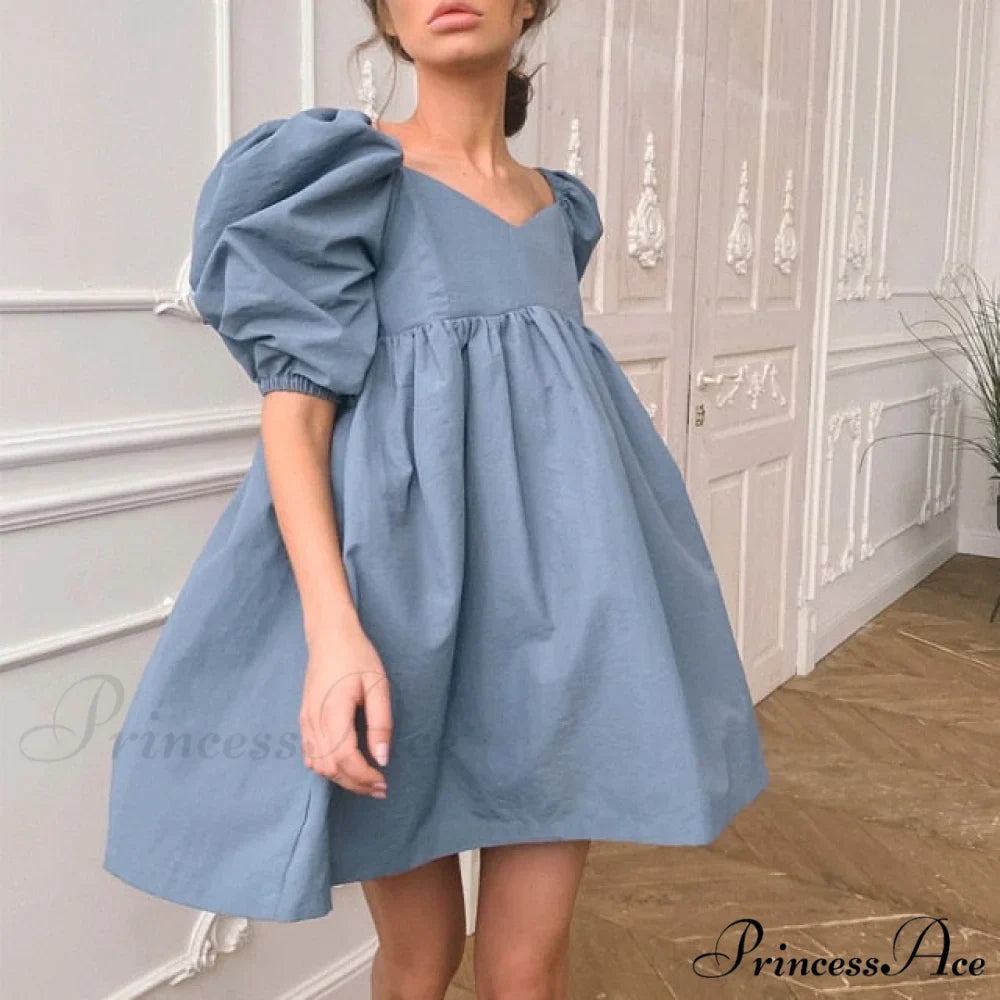 Elegant Square Collar Puff Short Sleeve Party Dress