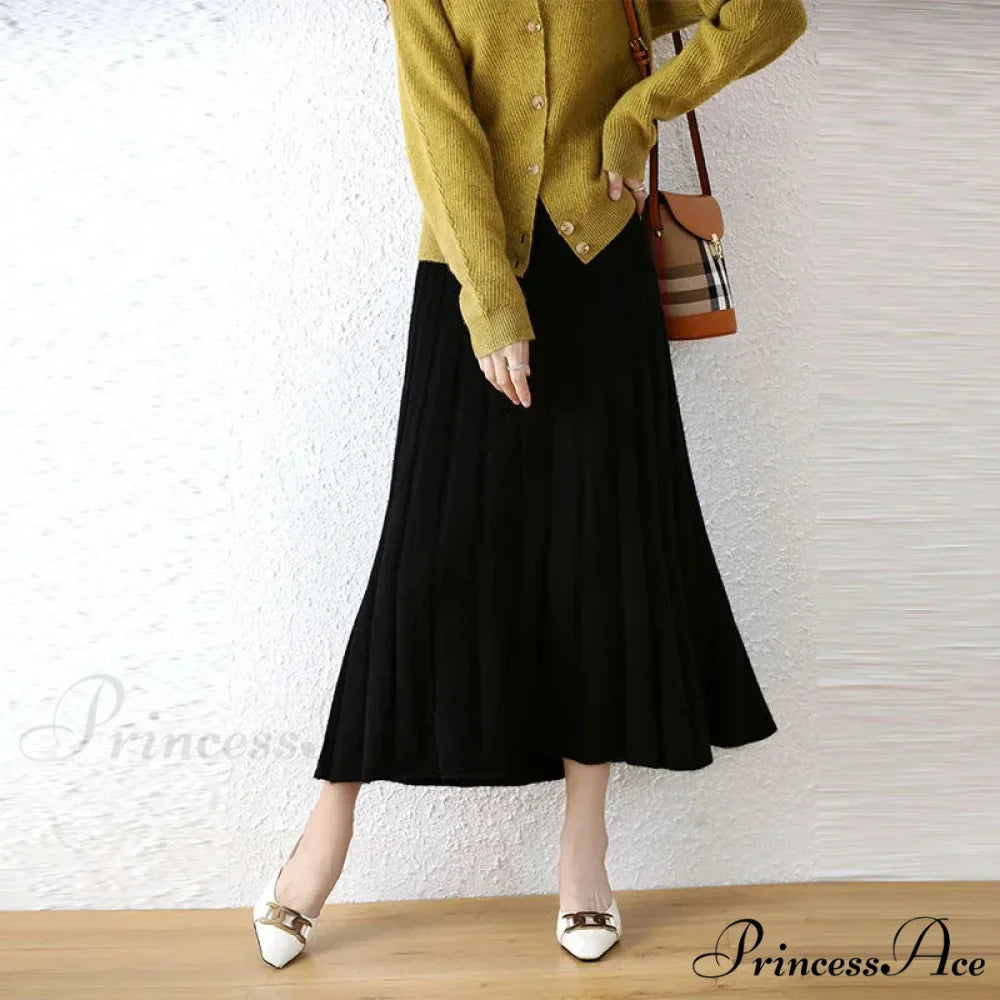 Elegant Thick Warm Pleated Knitted Pure Wool High Waist Trendy Autumn Skirt