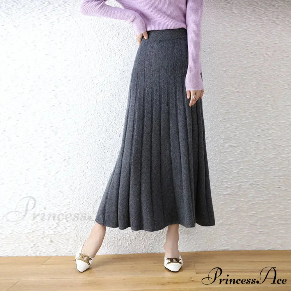 Elegant Thick Warm Pleated Knitted Pure Wool High Waist Trendy Autumn Skirt